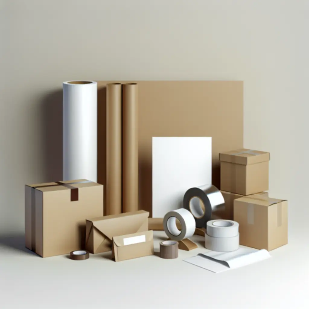 Selectie van professionele verpakkingsmaterialen zoals dozen, folie, papier en tape, netjes uitgestald