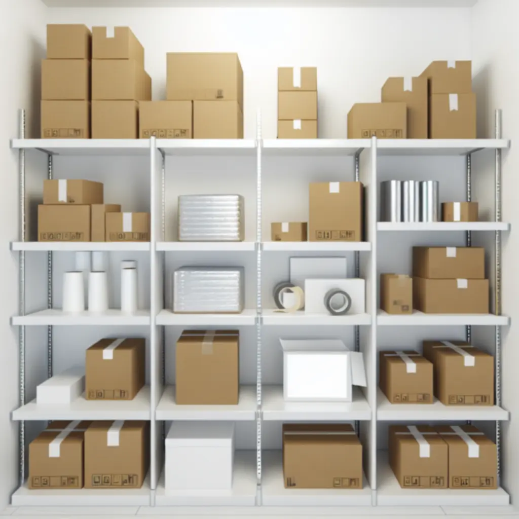 Professioneel verpakkingsmateriaal zoals dozen, verzendzakken en folie in een modern magazijnomgeving